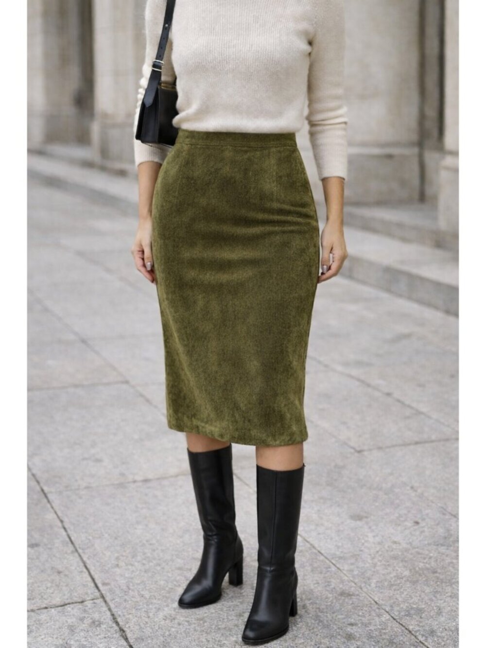 Vintage Suede Leather Pencil Skirt Olive Green Midi Women Size 16 High Waist